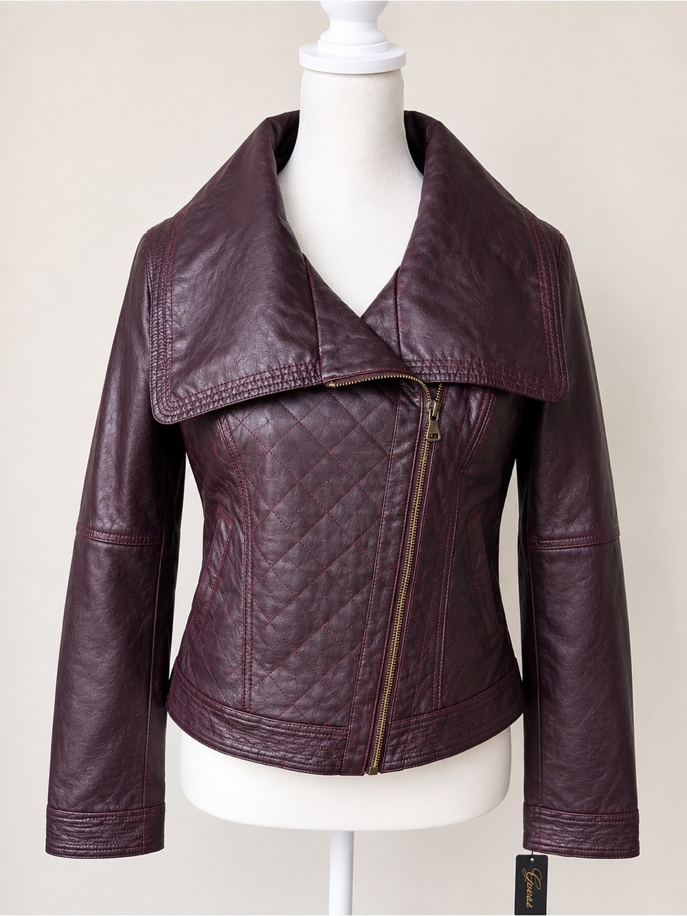 ▶️ Guess Faux Leather Moto Jacket Women S Purple Cropped Y2K Biker NWT Zip